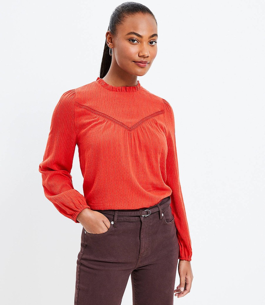 Clothing Loft | Textured Trimmed Ruffle Neck Blouse Blazing Red