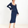 Clothing Loft | Ribbed Trumpet Sleeve Midi Sweater Dress Black/Blue Metallic