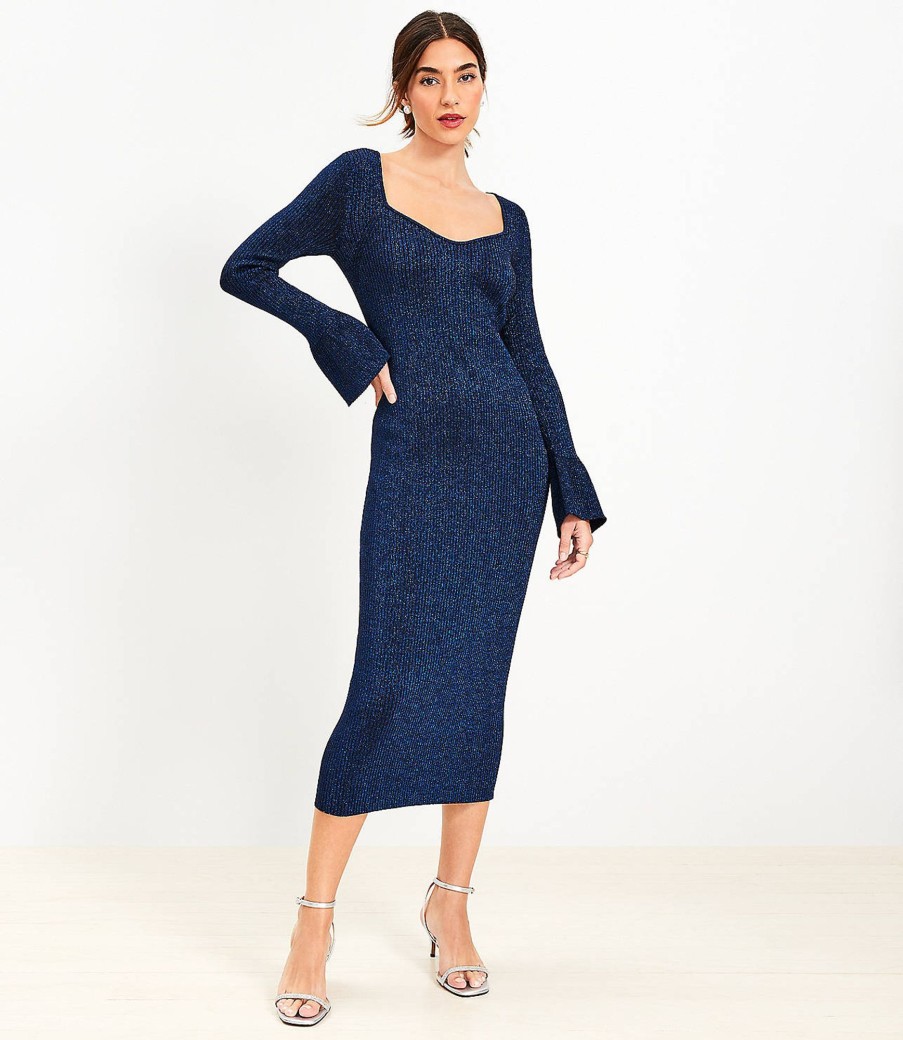 Clothing Loft | Ribbed Trumpet Sleeve Midi Sweater Dress Black/Blue Metallic