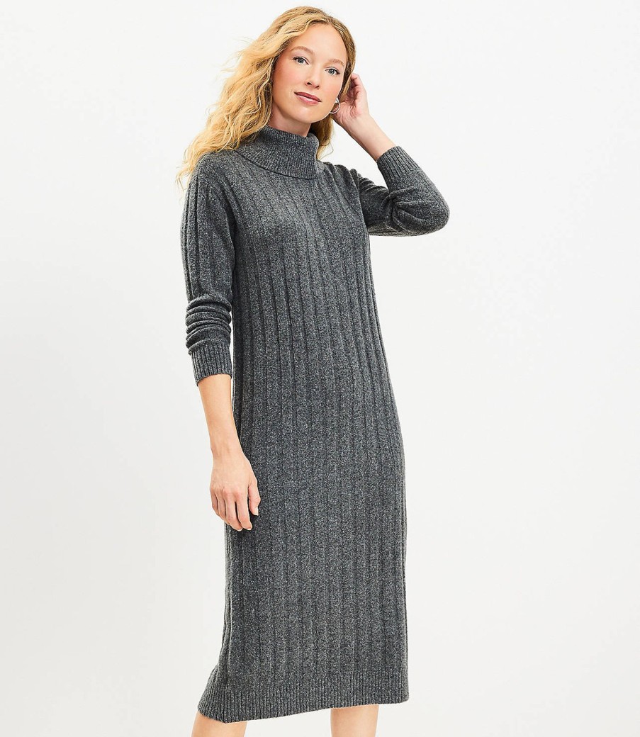 Clothing Loft | Ribbed Turtleneck Midi Sweater Dress Pavestone Heather