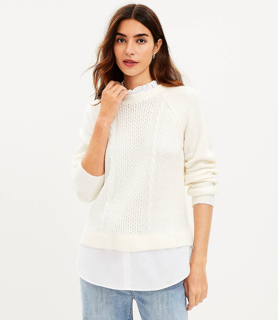 Clothing Loft | Layered Mixed Media Cable Sweater Whisper White