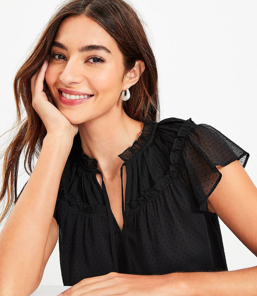 Clothing Loft | Velvet Dot Ruffle Tie Neck Flutter Top Black