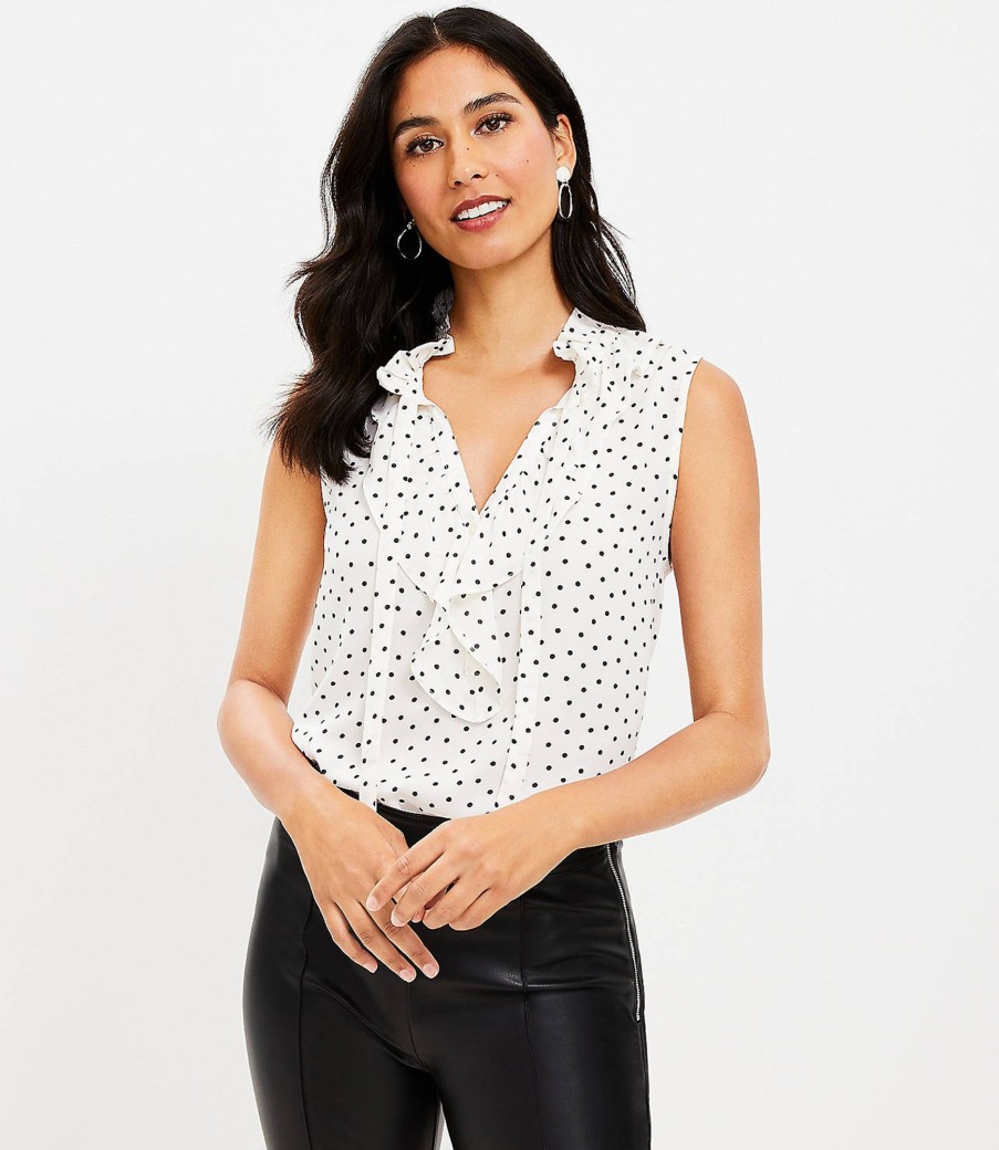 Clothing Loft | Dotted Ruffle Tie Neck Mixed Media Shell Whisper White