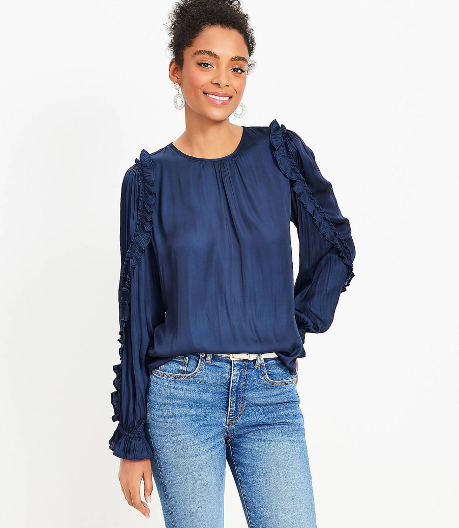 Clothing Loft | Mixed Media Ruffle Sleeve Top Deep Space Blue