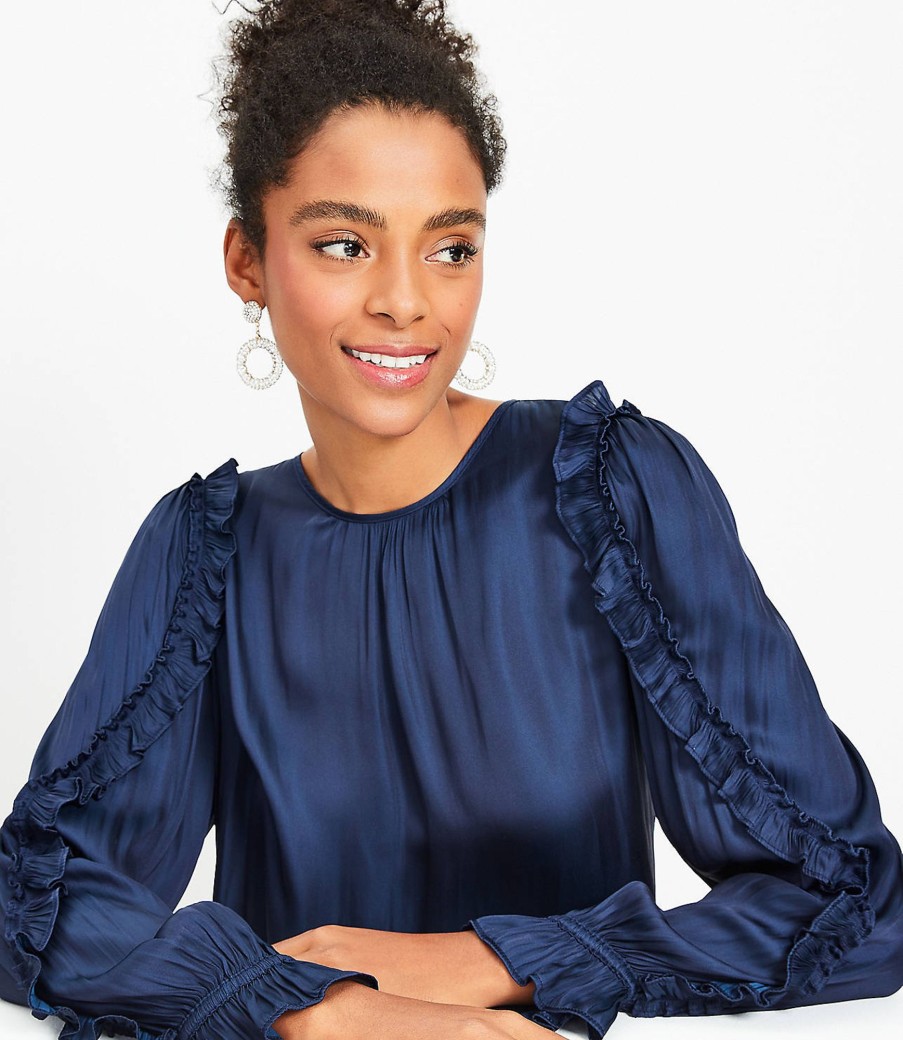 Clothing Loft | Mixed Media Ruffle Sleeve Top Deep Space Blue