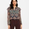 Clothing Loft | Tapestry Ruffle Split Neck Blouse Teal Shadow