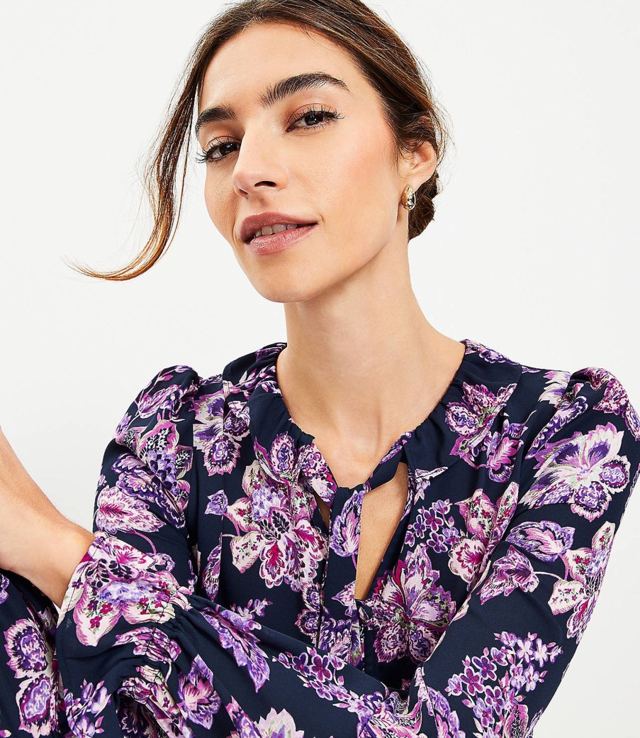 Clothing Loft | Floral Ruffle Tie Neck Blouse Deep Space Blue