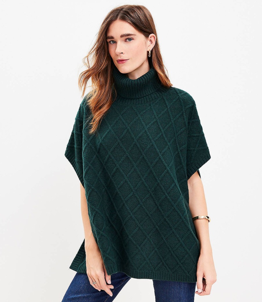 Accessories & Shoes Loft | Lattice Cable Turtleneck Poncho Deep Tropic Green