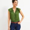 Clothing Loft | Flutter Button Tie Neck Top Rocky Olive