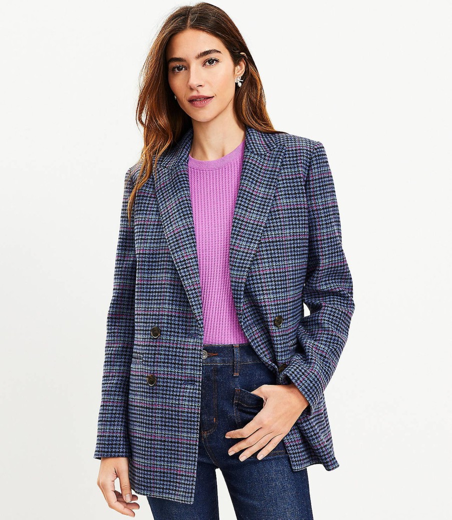 Clothing Loft | Houndstooth Structured Double Breasted Blazer Blue Dream