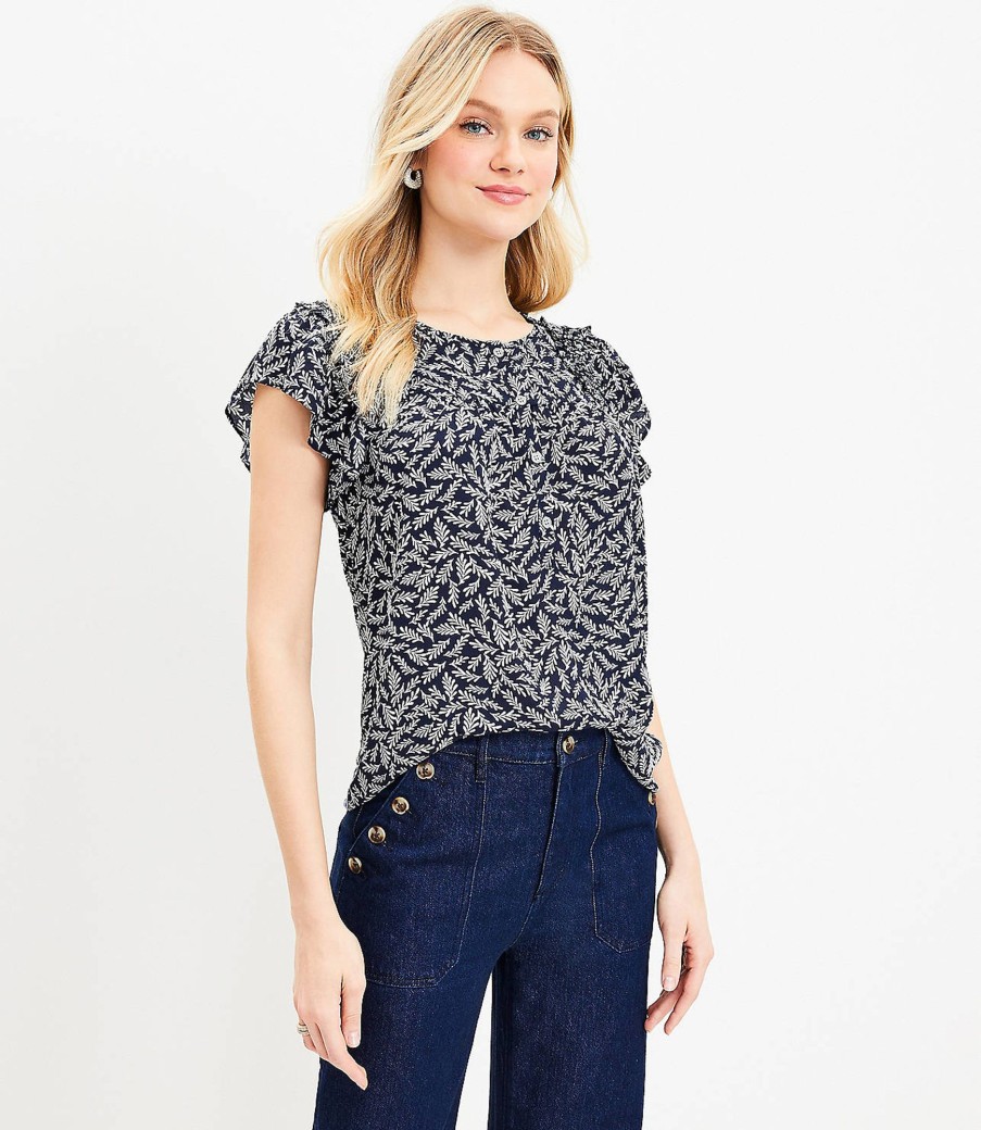 Clothing Loft | Fern Flutter Sleeve Henley Mixed Media Shell 3260