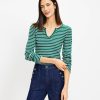 Clothing Loft | Striped Brushed Waffle Split Neck Tee Forest Emerald