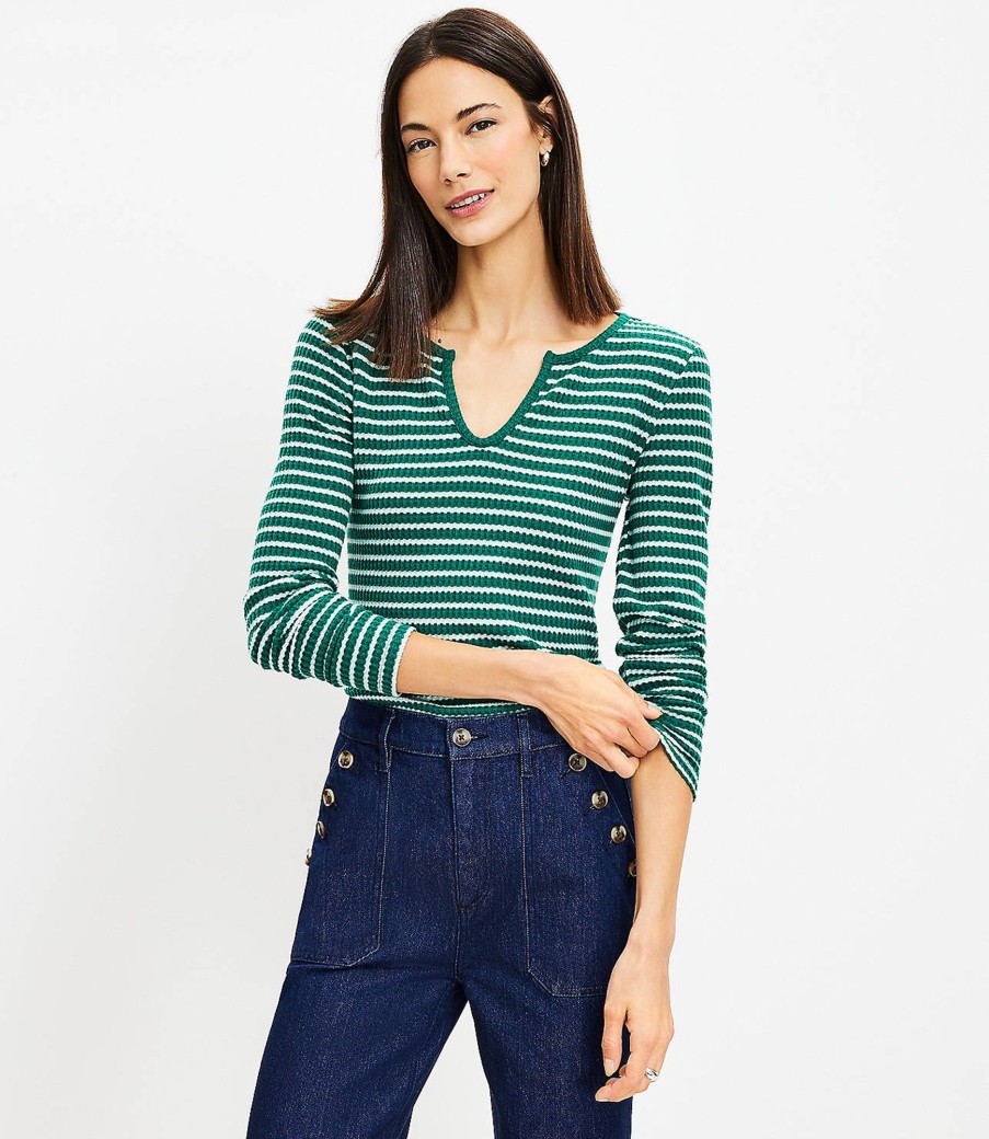 Clothing Loft | Striped Brushed Waffle Split Neck Tee Forest Emerald