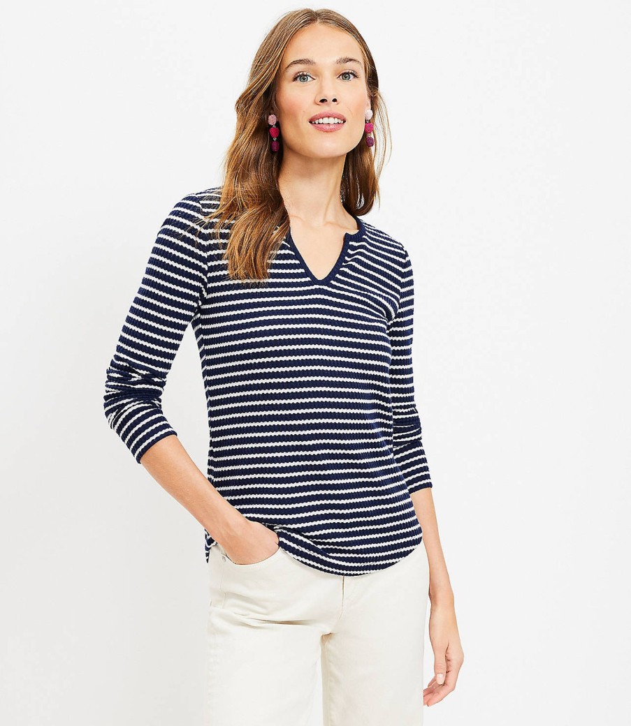 Clothing Loft | Striped Brushed Waffle Split Neck Tee Deep Space Blue