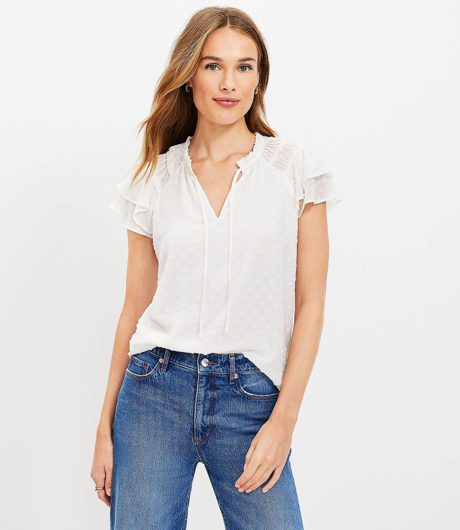 Clothing Loft | Clip Dot Ruffle Tie Neck Top Whisper White