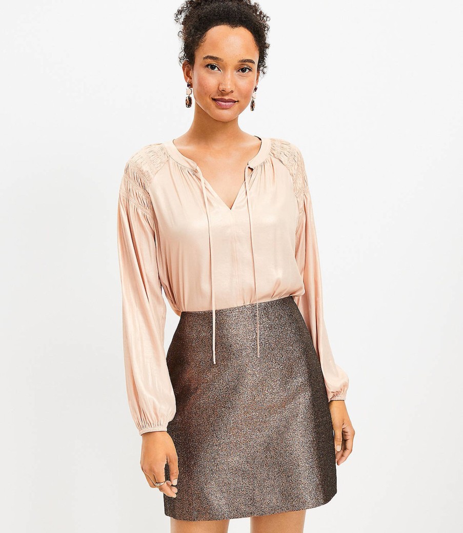 Clothing Loft | Shimmer Smocked Tie Neck Blouse Maple Sugar