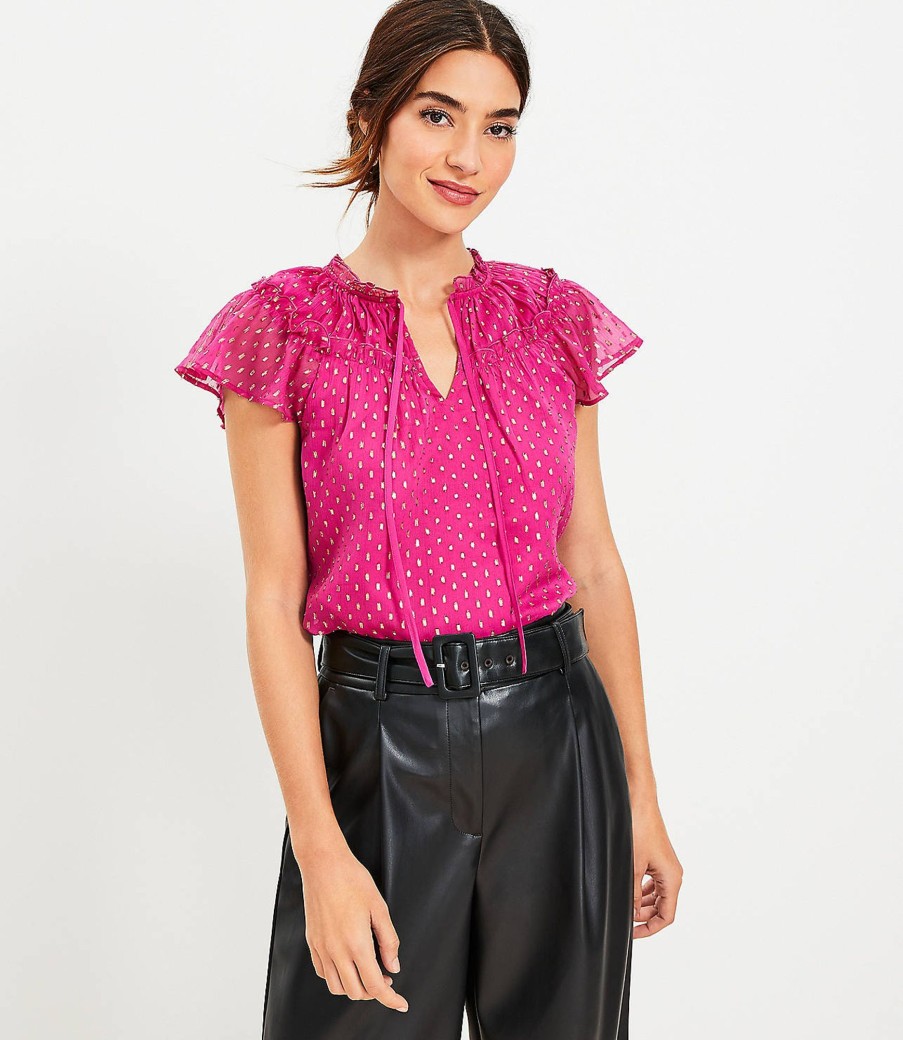 Clothing Loft | Metallic Clip Ruffle Tie Neck Blouse Fuchsia Primrose