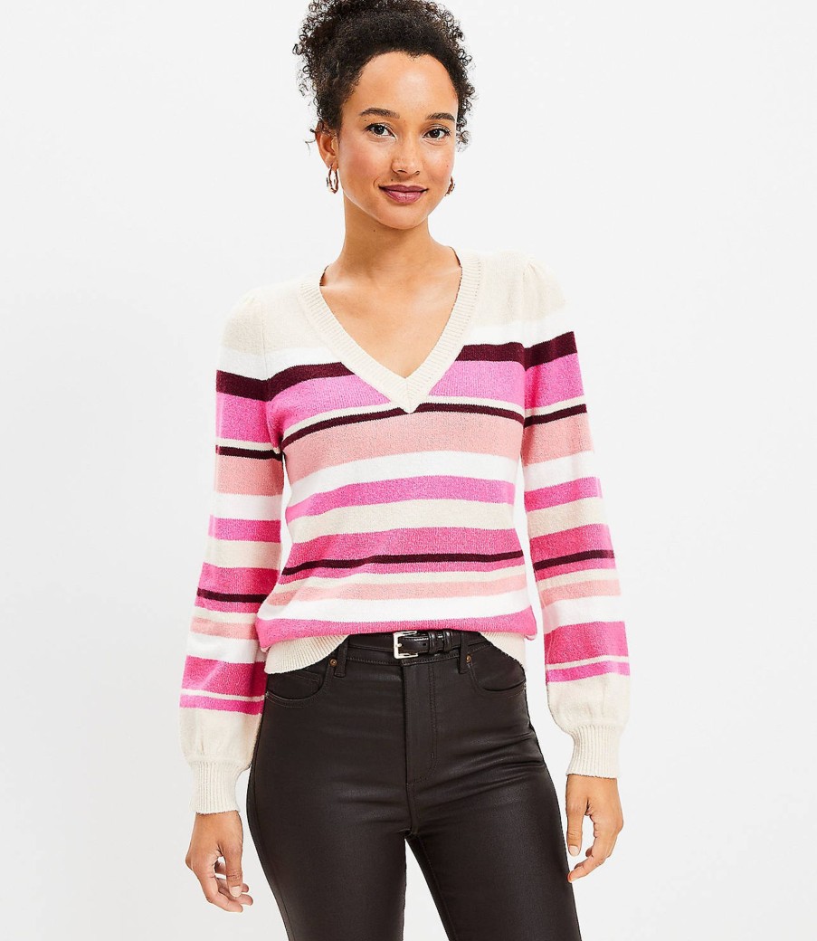 Clothing Loft | Stripe Relaxed V-Neck Sweater Beachside Khaki Heather