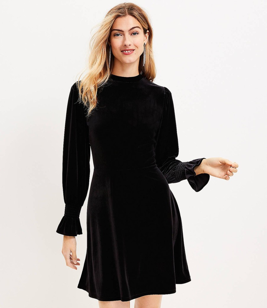 Clothing Loft | Velvet Smocked Ruffle Cuff Flare Dress Black