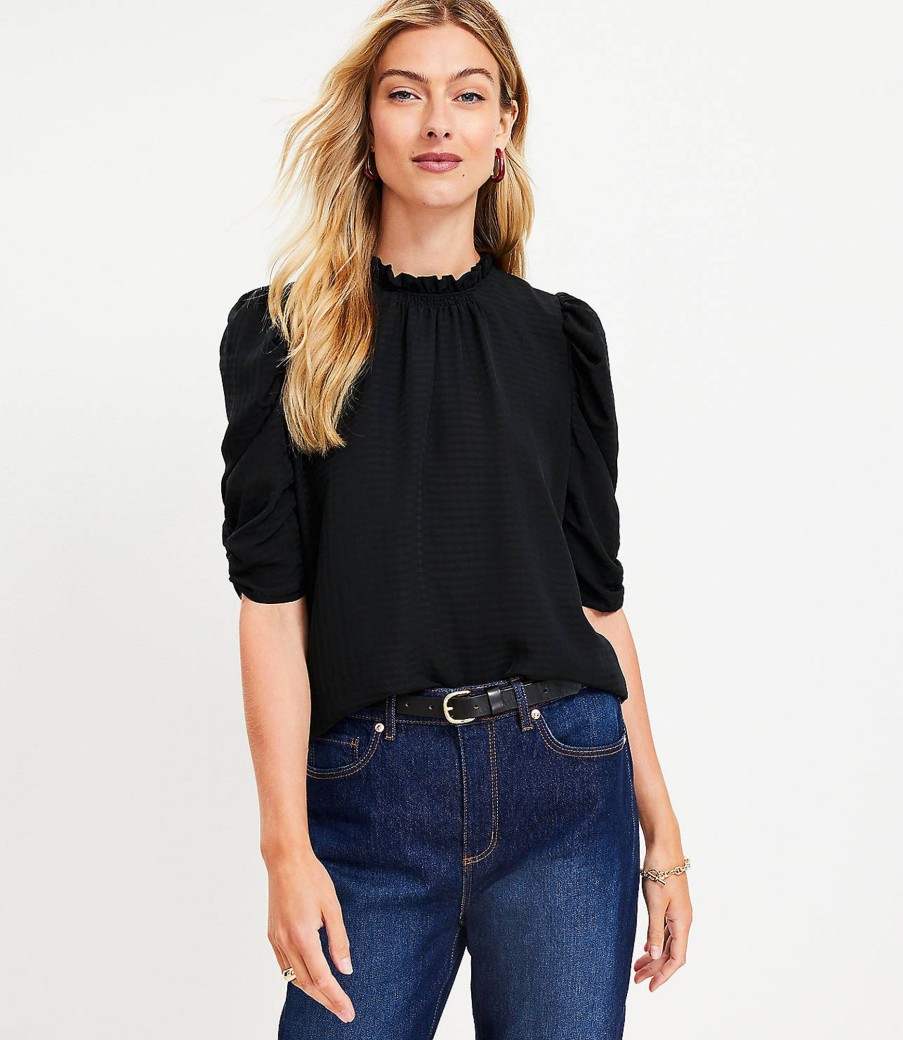 Clothing Loft | Checked Cinched Sleeve Ruffle Neck Top Black