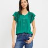 Clothing Loft | Flutter Sleeve Henley Mixed Media Shell Forest Emerald