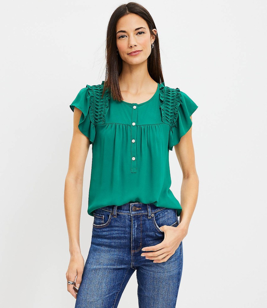 Clothing Loft | Flutter Sleeve Henley Mixed Media Shell Forest Emerald