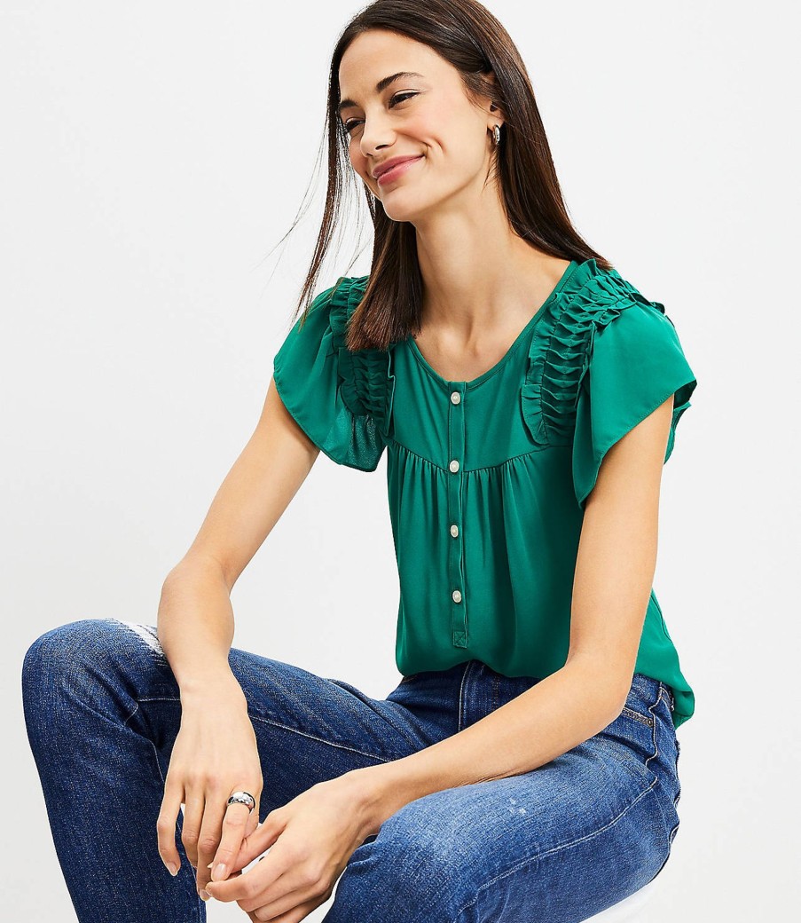 Clothing Loft | Flutter Sleeve Henley Mixed Media Shell Forest Emerald