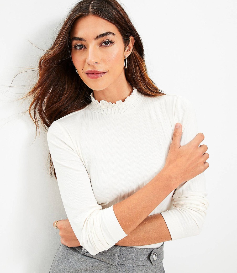 Clothing Loft | Ribbed Ruffle Mock Neck Top Whisper White