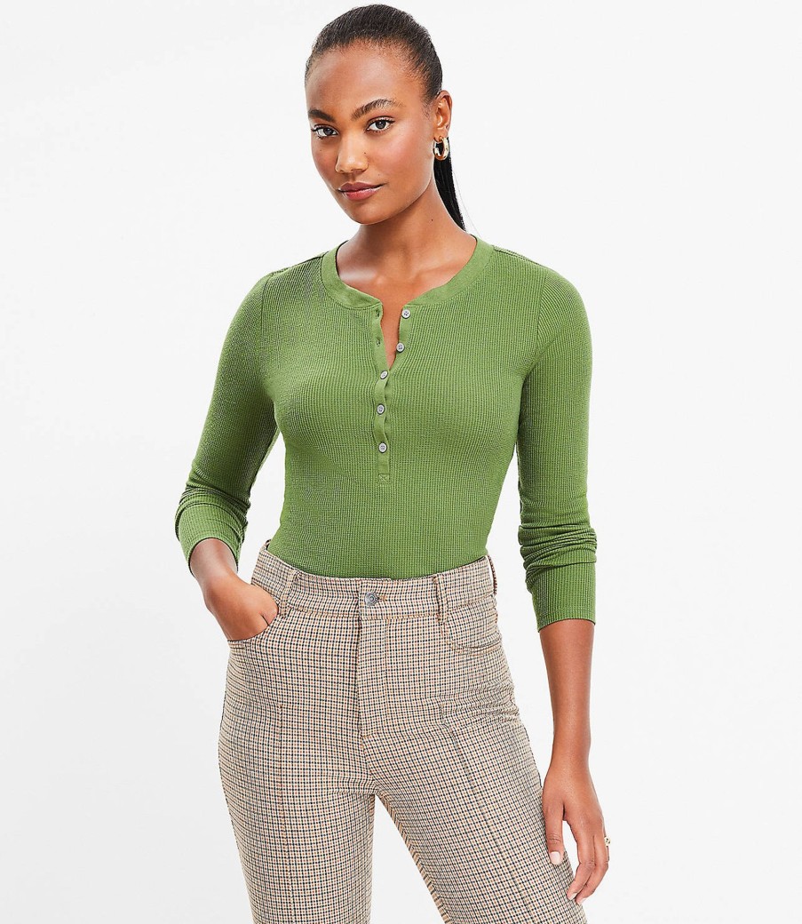 Clothing Loft | Waffle Henley Top Rocky Olive