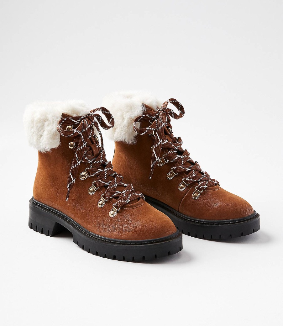 Accessories & Shoes Loft | Faux Fur Trim Hiking Boots Chestnut Brown