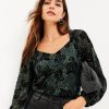 Clothing Loft | Sequin Flocked Sweetheart Neck Blouse Dark Green / Black