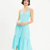 Clothing Loft | Linen Blend Strappy Button Tiered Midi Dress Aqua Glow