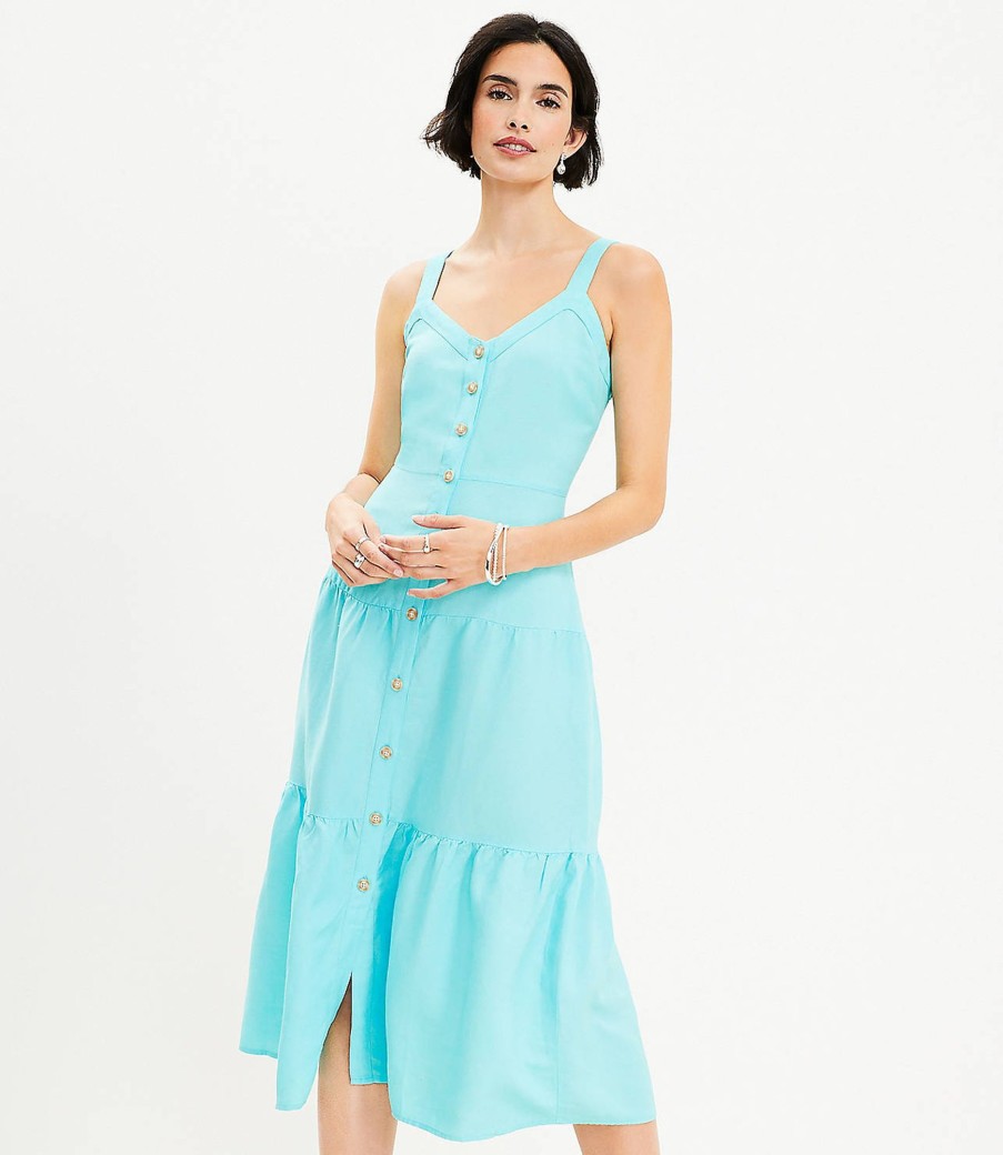 Clothing Loft | Linen Blend Strappy Button Tiered Midi Dress Aqua Glow