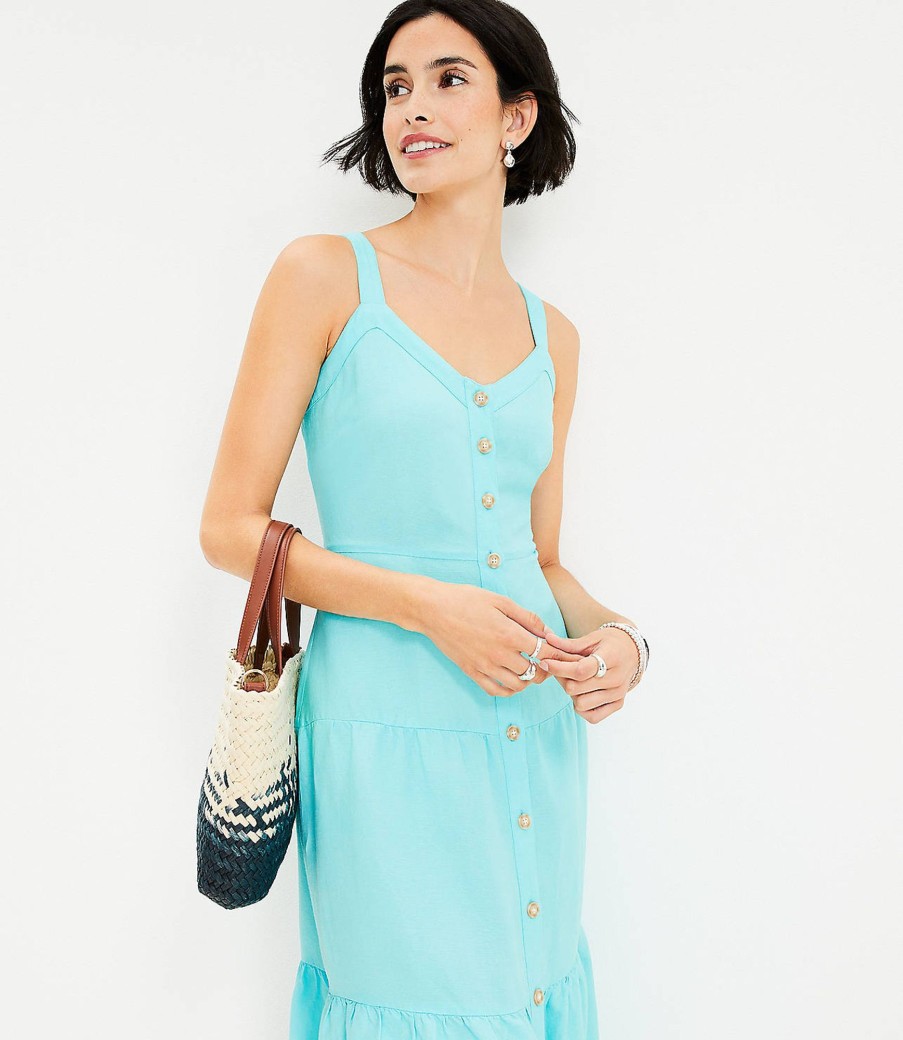 Clothing Loft | Linen Blend Strappy Button Tiered Midi Dress Aqua Glow