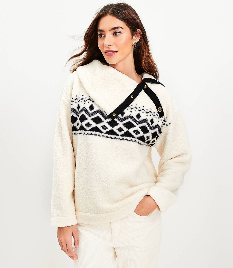 Clothing Loft | Fair Isle Cozy Sherpa Snap Collar Sweatshirt Whisper White