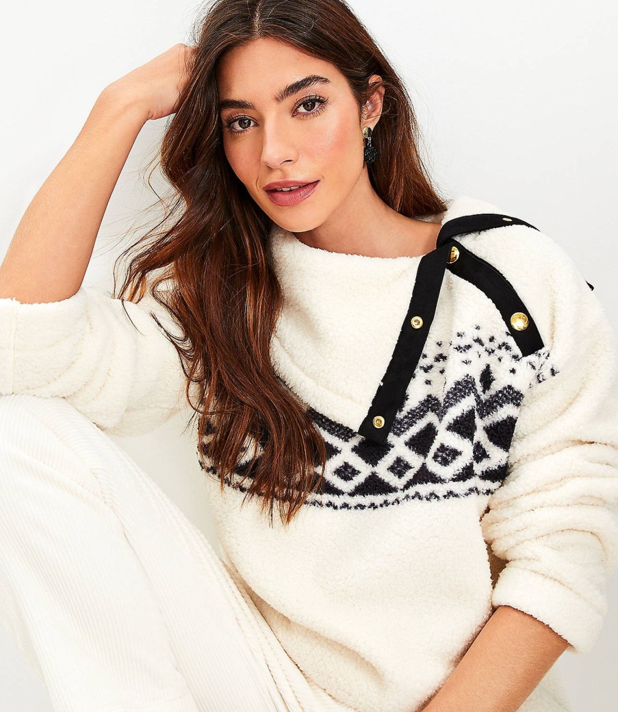 Clothing Loft | Fair Isle Cozy Sherpa Snap Collar Sweatshirt Whisper White