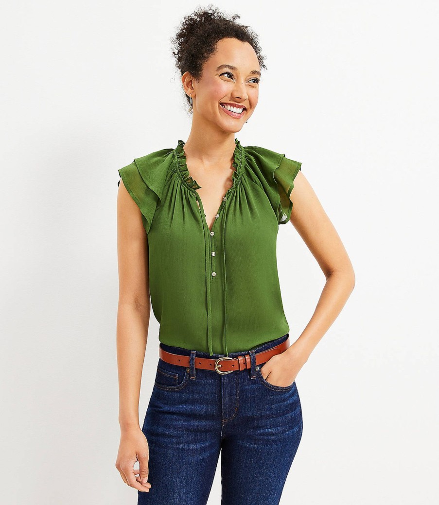 Clothing Loft | Flutter Button Tie Neck Top Rocky Olive