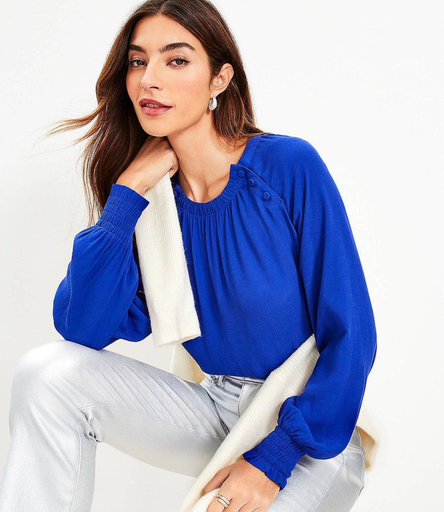 Clothing Loft | Button Trim Raglan Blouse Cineraria Blue