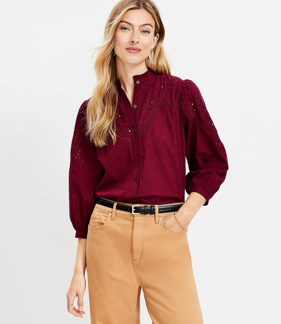 Clothing Loft | Eyelet Ruffle Neck Blouse Magical Plum