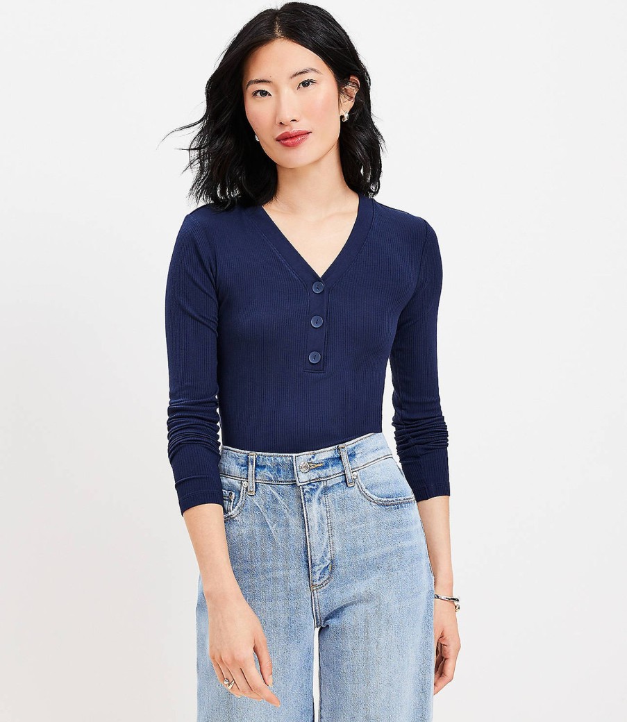 Clothing Loft | Ribbed V-Neck Henley Top Deep Space Blue