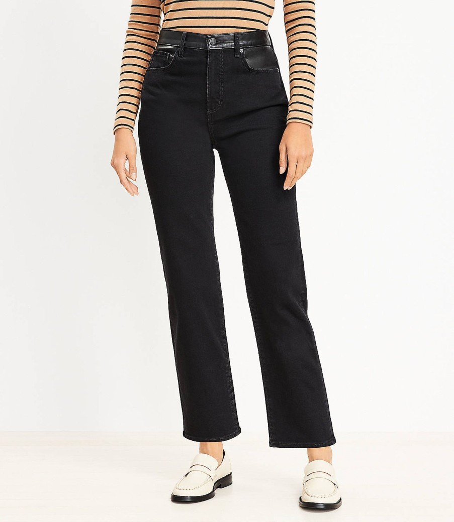 Clothing Loft | Faux Leather Trim High Rise Straight Jeans In Black