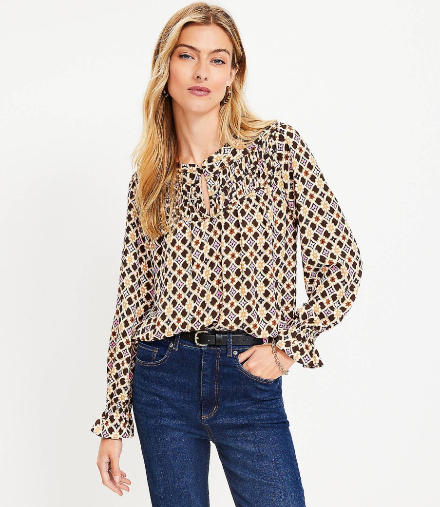 Clothing Loft | Floral Ruched Yoke Ruffle Cuff Blouse Whisper White