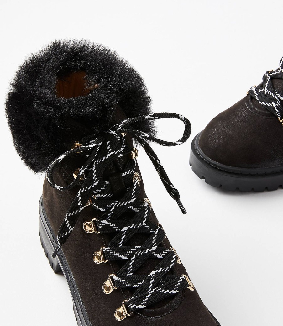 Accessories & Shoes Loft | Faux Fur Trim Hiking Boots Black