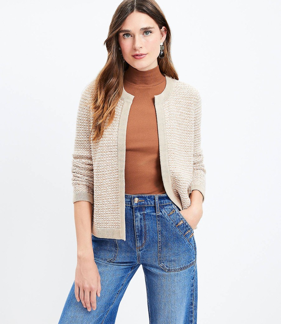 Clothing Loft | Textured Tweed Open Sweater Jacket Camel Multi