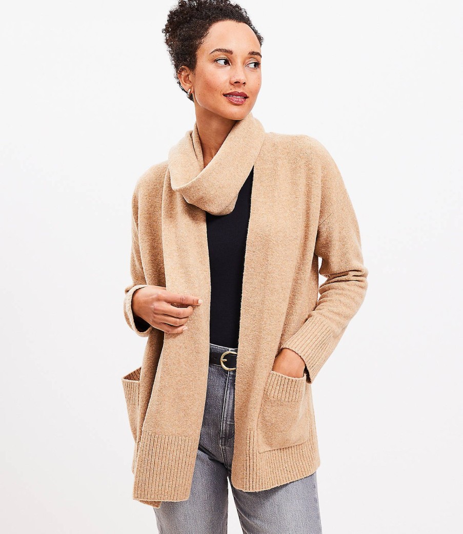 Clothing Loft | Scarf Neck Open Pocket Cardigan Camel Heather