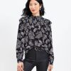 Clothing Loft | Paisley Smocked Ruffle Mock Neck Blouse Black