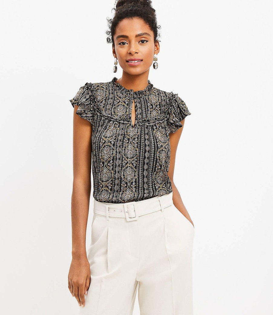 Clothing Loft | Shimmer Stripe Floral Ruffle Flutter Sleeve Top Black