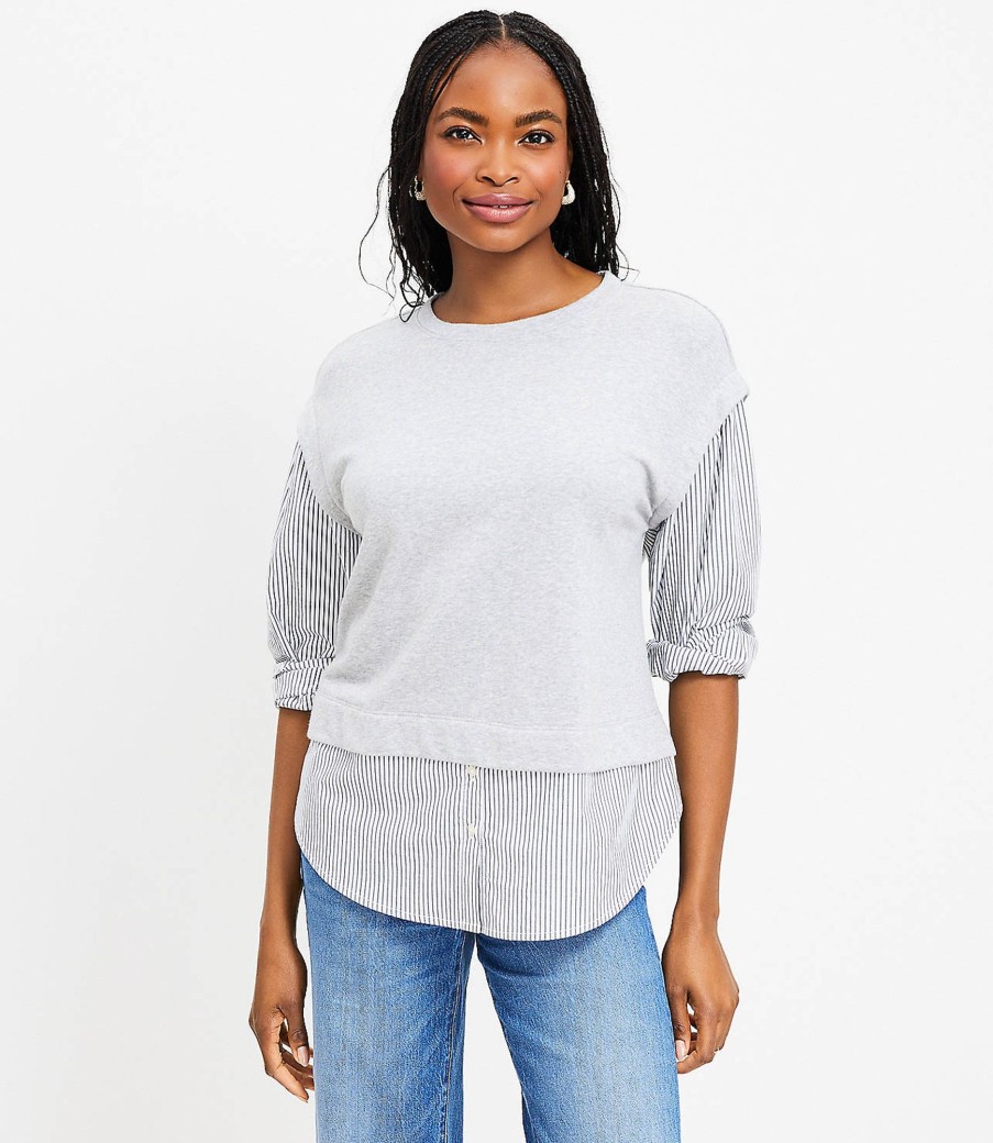 Clothing Loft | Striped Mixed Media Sweatshirt Top White