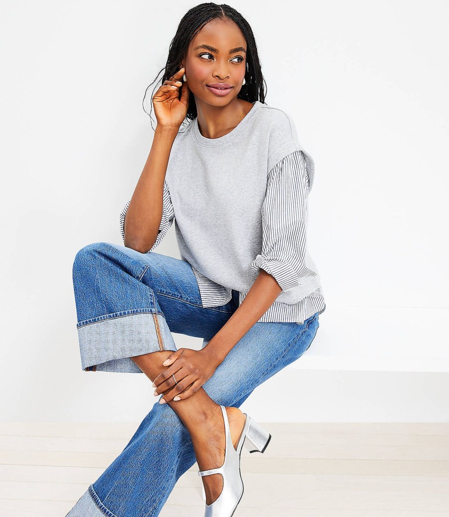 Clothing Loft | Striped Mixed Media Sweatshirt Top White