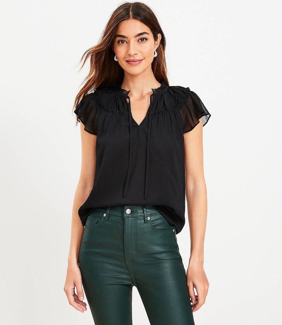 Clothing Loft | Velvet Dot Ruffle Tie Neck Flutter Top Black